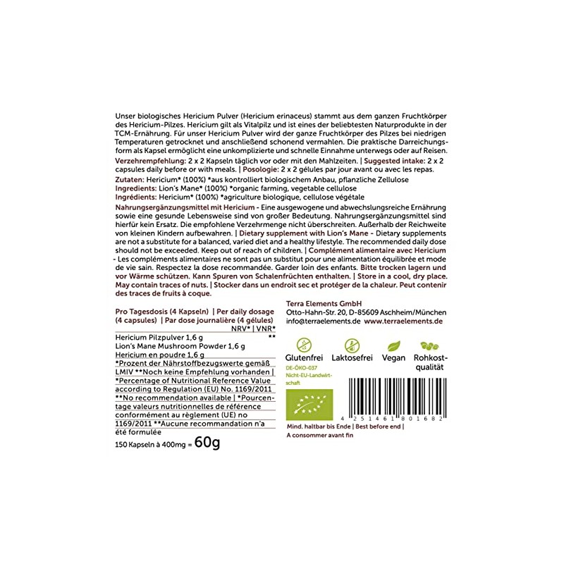 Terra Elements Organic Hericium Capsules (400 mg, Pack of 150)
