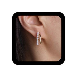 Aneneiceera Vintage Pearl Earrings Gold Mini Pearls Circle Earrings Round Pearl Earrings Wedding Pearl Huggie Earrings Jewellery for Women (Gold A), Zinc