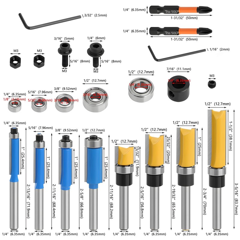 16Pcs 1/4 Inch Shank Flush Trim Router Bit Set Top