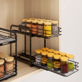 BOIVSHI Spice Rack Organizer for Cabinet, 2 Tier Pull Out Spice Organizer for Cabinet Height Adjustable Heavy Duty Metal Basket for Inside Cabinets & Pantry Closet