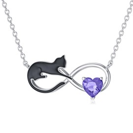 SLIACETE Black Cat Necklace with Birthstone for Women, 925 Sterling Silver Infinity and Cat Necklace Jewellery Gifts for Cat Lovers, Sterling Silver, Alexandrite