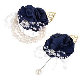 AUEAR, 2 Pack Dark Blue Rose Wrist Corsage Boutonniere Sets for Women Men Wedding Anniversary