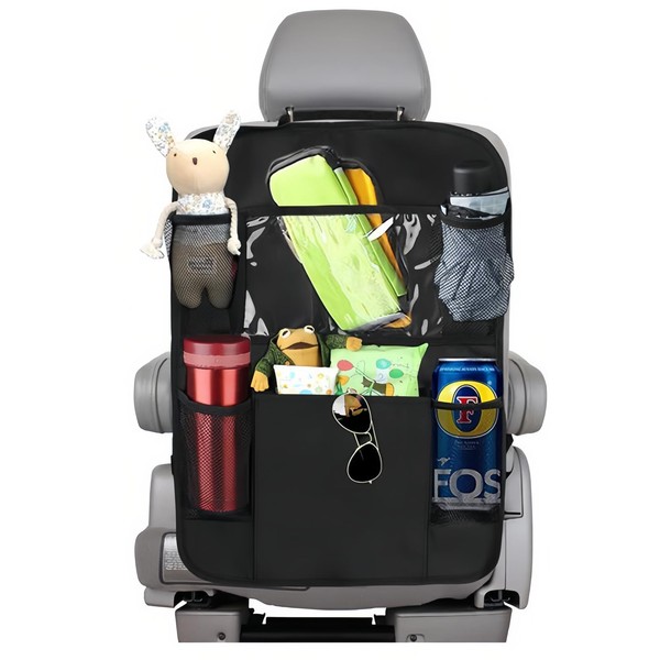 Kinwodon Black Car Seat Organiser, Car Back Seat Protector with Clear Touch Screen Tablet Holder Car Organiser Back Seat for Kids Car Seat Storage Accessories