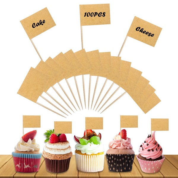 100PCS Kraft Paper Blank Toothpick Food Flags, Party Food Labels, Buffet Labels, Cocktail Sticks Flags Food Labels, Cheese Board Labels for Fruit, Salad, Cupcake Toppers, Party Decoration (25 × 35MM)