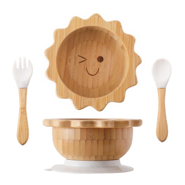 Bamboo Suction Bowl for Baby Kid Toddler Bowl Spoon Fork