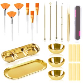 29 Pcs Esthetician Supplies 6 Blackhead Remover Tools 3 Stainless Steel Gold Mixing Bowls 3 Compartment Serving Tray Gold Small Serving Tray 3 Facial Fan Brushes 3 Face Mask Brush 12 Facial Sponges