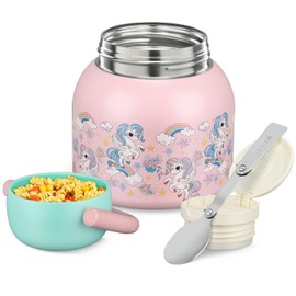 PIQUEBAR 17oz Thermo for Hot Food Kids Insulated Food Jar with Spoon,Thermo Hot Food Lunch Container, Width Mouth Stainless Steel Lunch Box for Kids (Pink Uni)