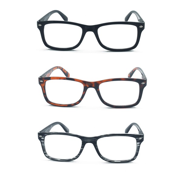 EYE ZOOM 3 Pack Vintage Plastic Frame Reading Glasses for Men and Women, Multi-colored +1.75