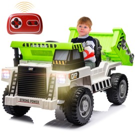 APOCADAY 12V Kids Ride On Car, Kids Electric Vehicles 4WD Ride On Dump Truck Construction with Remote Control, Power Wheels Toddlers Car Dump Truck Toys w/Dump Bed/Extra Shovel/Bluetooth/MP3 (White)