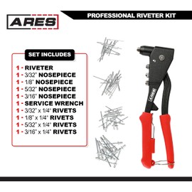 ARES 70017 - Professional Pop Rivet Gun with 60 Rivets - Rivet Sizes 3/32-inch, 1/8-inch, 5/32-inch, & 3/16-inch - Applications Include Sheet Metal, Automotive, and Duct Work