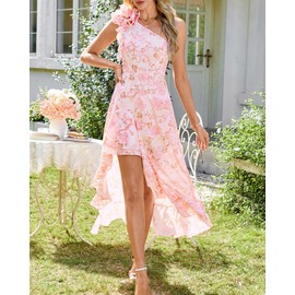 GRACE KARIN Womens Summer One Shoulder Sleeveless Dresses Floral Flowy Ruffle High Low Wedding Maxi Sundresses Gold Powder 18