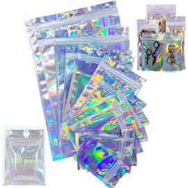 100 Pieces Smell Proof Mylar Resealable Bags Holographic Bags Flat Seal Bags with Zipper for Gift Storage, Jewelry Bags (S(7×10cm)