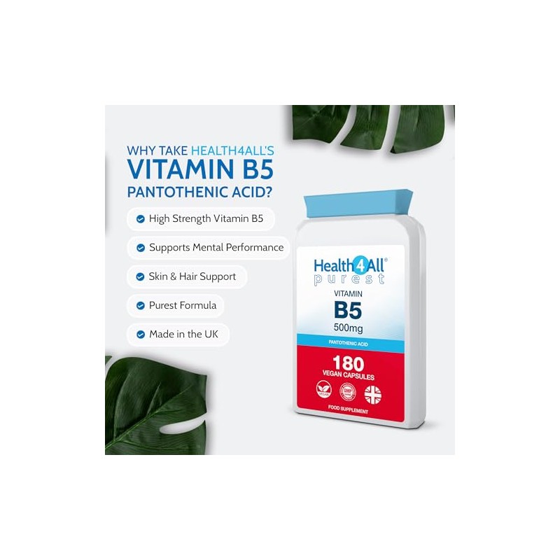 Vitamin B5 Pantothenic Acid 500mg 180 Capsules, 6 Months Supply,
