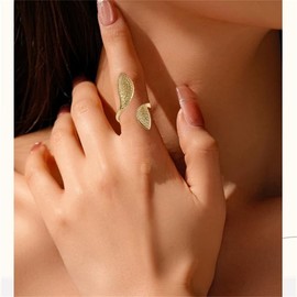 Crystal Leaf Statement Ring for Women Shiny Cubic Zirconia Wrap Finger Rings Wedding Adjustable Open Band Statement Eternity Delicate Jewelry (Gold)