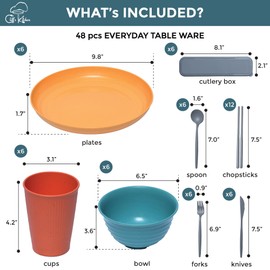 48 Pcs Wheat Straw Dinnerware Sets for 6- Unbreakable Dinnerware Set with Large Plates, Bowl and Cup Set -BPA Free, Lightweight, Microwave Safe Wheat Straw Plates and Bowls Sets, RV Camping Dishes Set