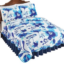 Collections Etc Bold Blue Botanical Garden Scalloped Edge Quilt Blue Full/Queen