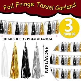 3P Metallic Fringe Tassel Banner Garland Foil Tinsel Streamer Wall Hanging Curtain Backdrop Banner for Parade Floats,Graduation Decorations, New Years Decorations,Father' Day(Black Gold Silver)