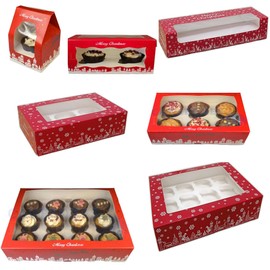 LARRYROO Festive Christmas Cupcake/Mince Pie Boxes for 1, 2, 3, 6, 12 Cup Cakes & Removable Inner Trays (5, 6 Cavity Cupcake (Snow Flakes))