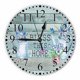 Bless This Home Wall Clock Spring Flower Pot and Iron Watering Can Retro Wood Texture Clock 10 Inch Silent Non-Ticking Clocks Battery Operated for Home Living Laundry Room Kitchen Bedroom Office