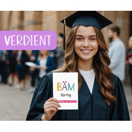 PICTALOO Greeting Card Passed Exam - BÄM fertig - Colourful Greeting Card for Graduation, Training, Bachelor, Driving Licence, Exams, Graduation, Funny Card for Congratulations, Gift Abi (Fine)