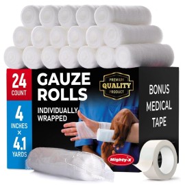 Gauze Rolls - 24 Pack - 4" X 4.1Yd Breathable Rolled Gauze - Individually Wrappe