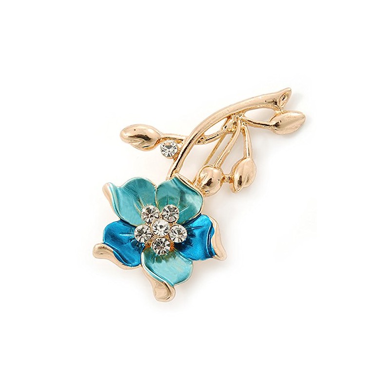 Light Blue/Teal Green Enamel, Crystal Daisy Brooch In Gold Plating