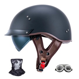 JQF Gear Retro Motorcycle Helmets for Men Women Open Face Helmets Sun Visor Quick Release Buckle MM107 DOT Approved Half Face Crusier Helmet (Matte Black, M)