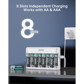 DLYPOW 8 Bay Battery Charger AA AAA, USB-C Fast Charging with Smart Auto Shut-Off, Independent Slot for Ni-MH Ni-CD Rechargeable Batteries, Cable Included