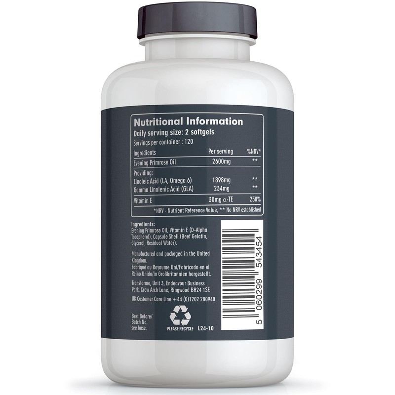 Transforme Evening Primrose Oil Capsules 1300mg, 240 Softgels, Cold Pressed