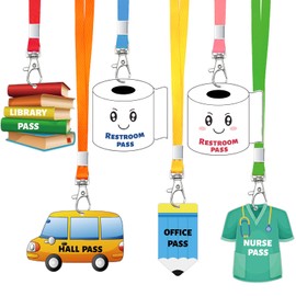 6 Sets Hall Pass Lanyards Unbreakable School Passes Acrylic Cute Bathroom Passes Coloful for Classrooms Hall Restroom Library Office Nurse School Teacher Gift