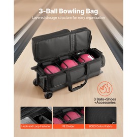 VEVOR Bowling Ball Bag, 3 Ball Double Roller Bowling Bag with Wheels, Featuring a Separate Compartment for Shoes (Up To US Size 16) & Oversized Accessory Pocket, Retractable Handle Extends to 41.34 in