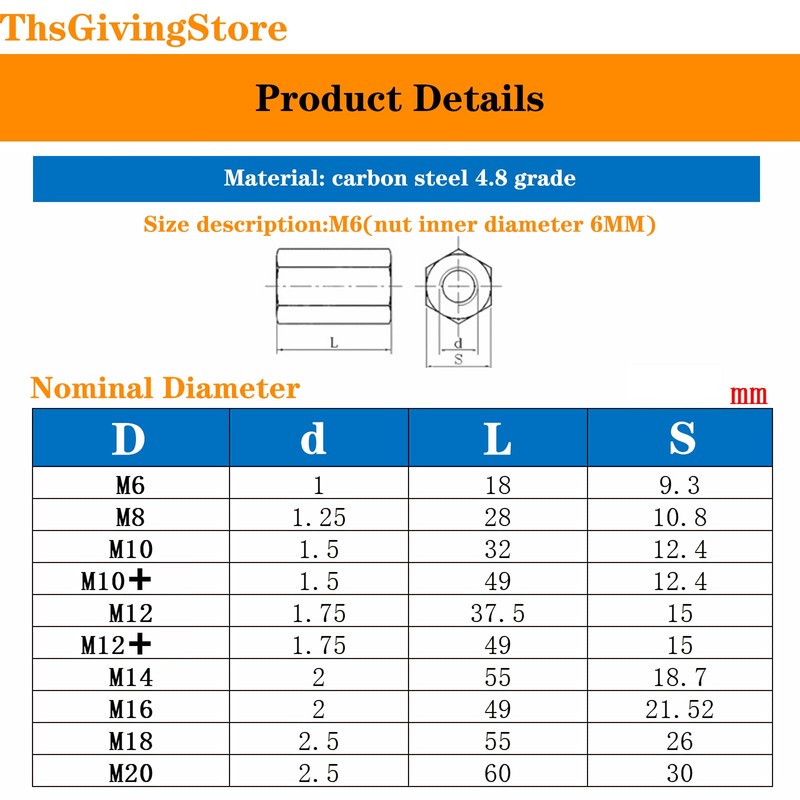 10pcs M12-1.75 x 38mm Long Rod Nut Hex Coupling Nuts,