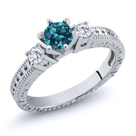 Gem Stone King 0.90 Ct Round London Blue Topaz E-F Lab Grown Diamond 925 Sterling Silver Ring (Size 5)