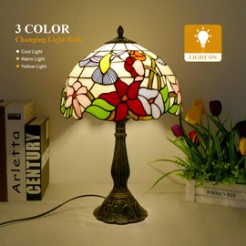 VirtueKing Tiffany Lamp Stained Glass Lamp 12x12x19 Inches Hummingbird Style Bedside Table Lamp with Color Changing LED Bulb for Bedroom Living Room Home Office Decor