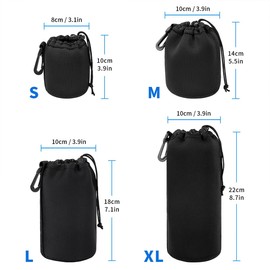 AIMALL 4PCS Waterproof Camera Lens Pouch Set, Shockproof Diving Fabric Barrel Bags with Hook & Drawstring for DSLR Mirrorless Lens, S/M/L/XL Black Sizes