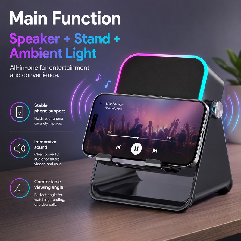 Foldable Phone Stand with Induction Speaker & Light – 5000mAh