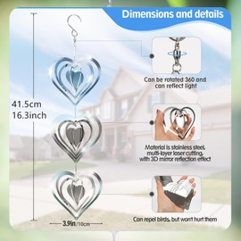 Stainless Steel Wind Spinner,3D Silver Indoor Outdoor Garden Decoration Crafts Ornaments,Metal Wind Chimes for Outside Decor,Decorations to Scare Away Yard Birds (3 pcs Heart-Shaped)
