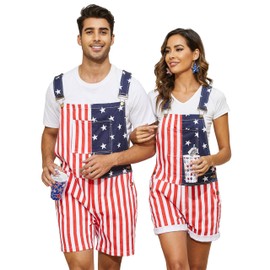 OPDNBON American Flag Overalls Men Stretch Denim Bib Shorts USA 4th of July Outfit with Zipper (Red White and Blue, XL), Men Flag Overalls, X-Large