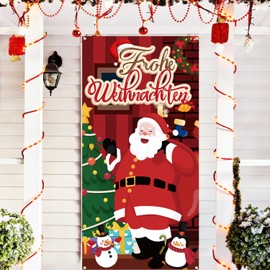 Merry Christmas Banner, Christmas Banner Outdoor Indoor, Merry Christmas Banner, Christmas Door Decoration for Christmas Party Decoration, New Year Party, 90 x 180 cm (German-Red)