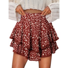 onlypuff Flowy Shorts for Women Ruffle Skorts Cute Mini Skirts Country Concert Outfits Coastal Cowgirl Coachella Outfits Tennis Skort Red White Flower S