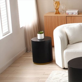 KEVINSPACE Black End Table with Gold Rim Bottom, Round Coffee Table for Small Spaces, Wood Side Table Small Nightstand for Living Room Bedroom, Ø15.6" x 19.5"H