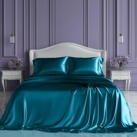 SLEEP SANCTUARY Satin Sheets King Size – 4 Piece Luxury Silky Bed Set, Softer Than Silk, 15" Deep Pocket, Cooling & Wrinkle-Free, Moisture-Wicking & Breathable for Hair & Skin (Sea Teal)