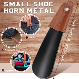 ZOMAKE Metal Shoe Horn Small Shoehorn 6.7 inch - Travel Shoe Horns for Seniors Men Women Kid - Stainless Steel Shoe Horn with Leather Handle(Black)