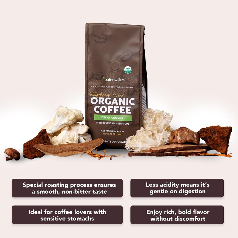 Paleovalley Organic Ground Coffee, 10oz - Decaf, Low Acid, Single-Origin,