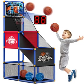 Kids Arcade Basketball Hoop with 4 Balls , Indoor Outdoor Single Shot Basketball Game for Toddler,Carnival Games Sport Toys Gifts for Boys Girls Ages 3-8 Years Old,Ideal for Competition,Pump Included