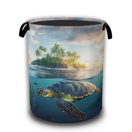Sea Turtle Tropical Island Laundry Hamper,Laundry Baskets,Waterproof Oxford Cloth Toy Storage for Bedroom,Bathroom,Nursery,16x20.8 Inch