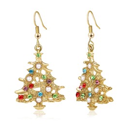 Christmas Stocking Stuffers for Women-Colorful Stones Pearls Alloy Dangle Christmas Tree Earrings Holiday Party Jewelry Gift
