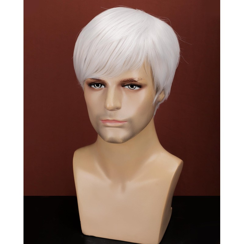 Mens White Wig Realistic Natural Synthetic Male Side Part Wig