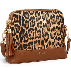 BITUOR Damen Handtasche, Leopardenmuster, PU-Leder, Schultertasche mit Quaste, 23 x 18 x 8 cm, Schwarz-Beige (Leopard Braun)