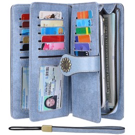 Lavemi Womens Large Capacity Genuine Leather RFID Blocking Wallets Wristlet Clutch Card Holder, 1-waxed Light Blue, One Size